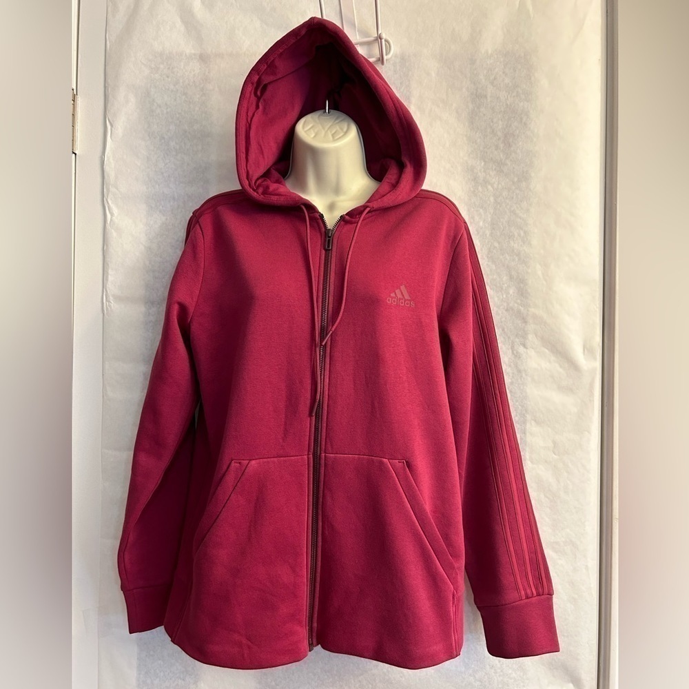 Adidas women’s full zip fleece lined 3strip hoodie with drawstring hood Sz-M.D18